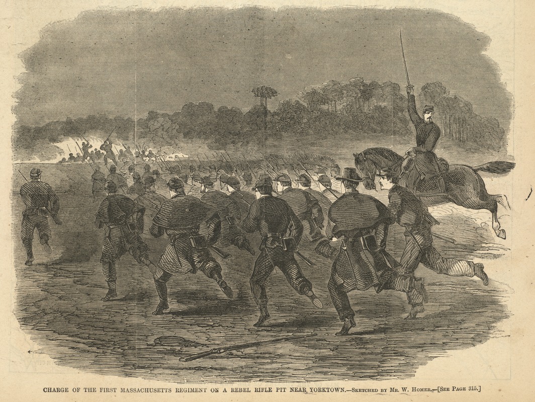 Charge of the First Massachusetts Regiment on a rebel rifle pit near Yorktown