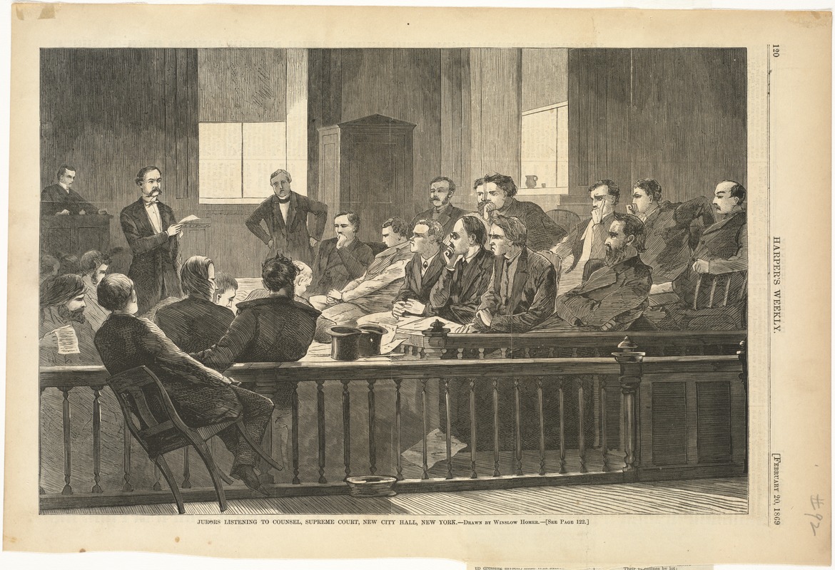 Jurors listening to counsel, Supreme Court, new City Hall, New York
