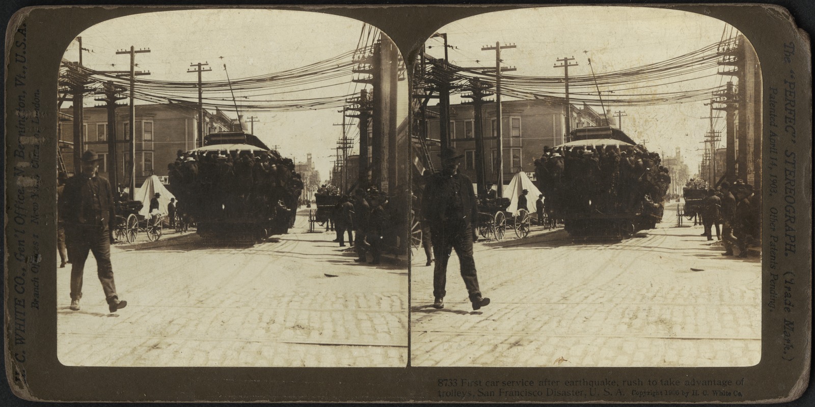 First car service after earthquake, rush to take advantage of trolleys, San Francisco disaster, U.S.A.