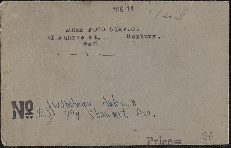 Envelope from Jacks Foto Service, Roxbury, Mass., to Wilhelmina Anderson, August 11