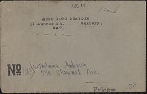 Envelope from Jacks Foto Service, Roxbury, Mass., to Wilhelmina Anderson, August 11