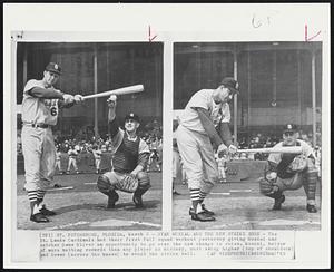 Stan Musial and the New Strike Zone - The St. Louis Cardinals had their first full squad workout yesterday giving Musial and catcher Gene Oliver an opportunity to ga over the new change in rules. Musial, holder of more batting records than any player in history, must swing higher (top of shoulders) and lower (across the knees) to avoid the strike call.