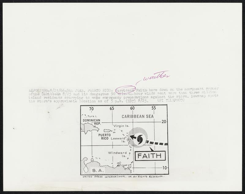 San Juan, Puerto Rico: Hurricane Fatih bore down on the northwest corner of the Caribbean 8/25 and its dangerous 90 mile-an-hour winds sent more than three million island residents scurrying to make emergency preparations against the storm. Newsmap spots the store’s approximate location as of 5 p.m. Weather.
