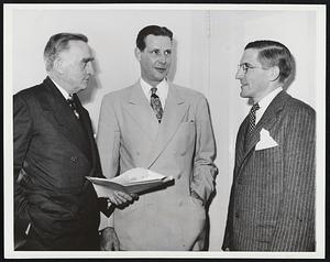 Debate Taft-Hartley Law. Three of four men who debated on the question, “Should the Taft-Hartley Law be repealed?” on America’s Town Meeting of The Air Sept. 28 Talk before broadcast. Left to right are Sen. Joseph C. O’Mahoney (D-Wyo), Secretary of Labor Maurice J. Tobin and J. MAck Swigert, Cincinnati lawyer and partner of Sen. Robert A. Taft. The fourth debater, Sen. Joseph H. Ball spoke from Minneapolis. Other three spoke from New York’s Town Hall.