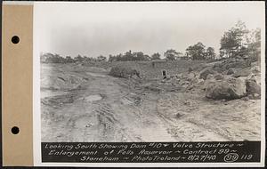 Contract No. 99, Enlargement of Fells High Level Distribution Reservoir, Stoneham, Malden, Melrose, looking south showing dam 10 and valve structure, enlargement of Fells Reservoir, Stoneham, Mass., Aug. 27, 1940