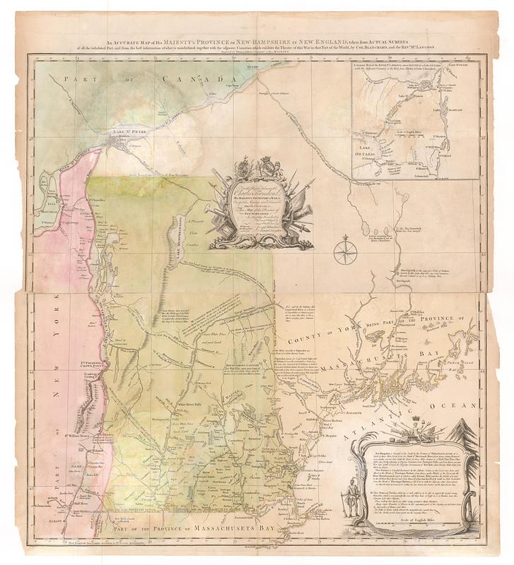 An accurate map of His Majesty's province of New Hampshire in New England, taken from actual surveys of all the inhabited part, and from the best information of what is uninhabited, together with the adjacent countries, which exhibits the theatre of this war in that part of the world