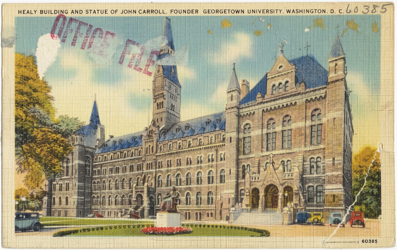 Healy building and Statue of John Carroll, founder Georgetown University, Washington, D. C.
