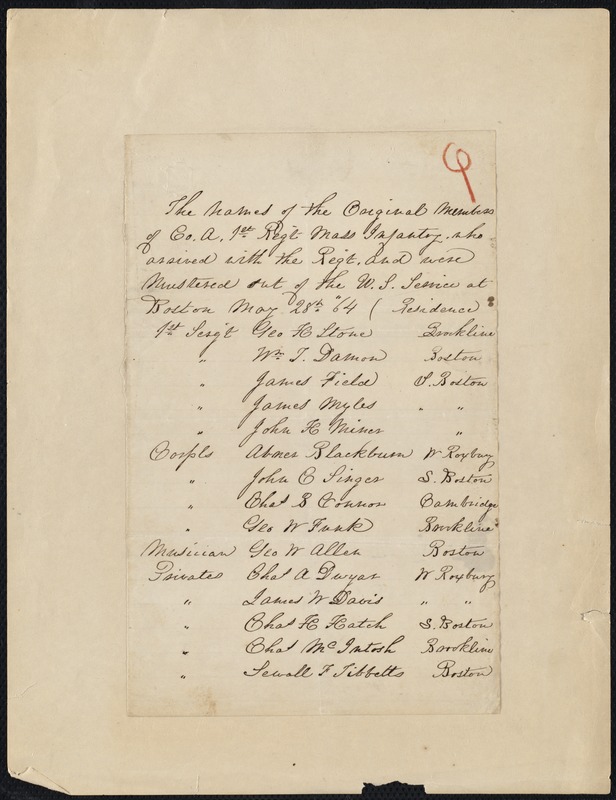 List of Original Members of Co. A, 1st Regiment, Massachusetts Infantry, 1864