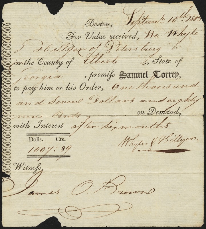 Promissory note to Samuel Torrey