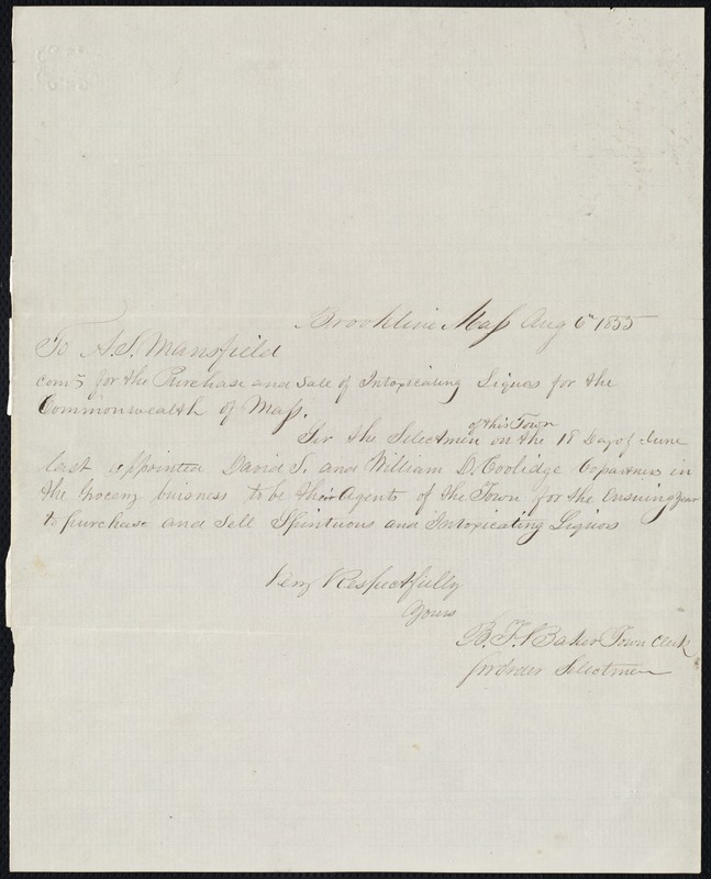 Letter appointing David S. and William Coolidge to be agents of the town to sell intoxicating liquor