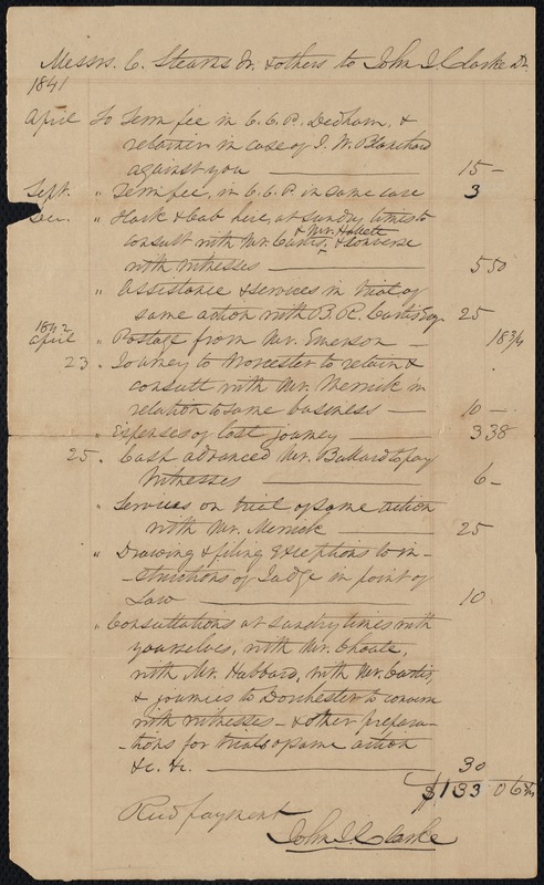 Bill for legal services to John I. Clark
