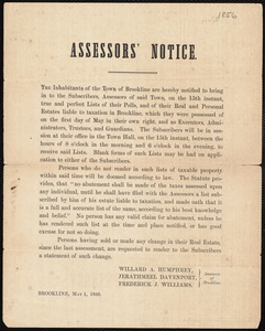 Notice to inhabitants to provide list of taxable property to the assessors, with note on the back about things sold