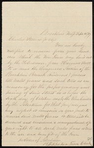 Letter notifying Charles Stearns to vacate land to be used for street construction, 9/11/1859