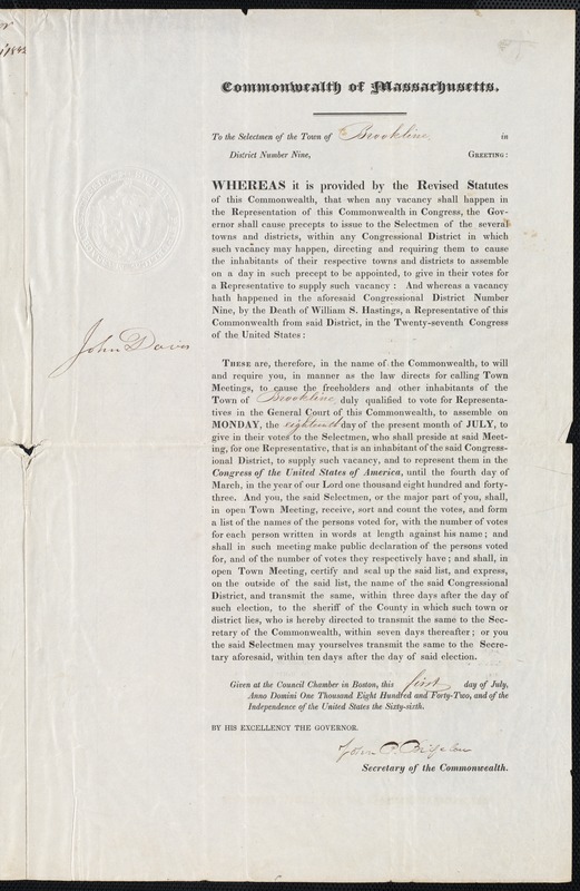 Notification of election July 18, 1842
