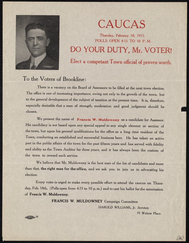 Election flyer for Francis W. Muldowney, candidate for assessor