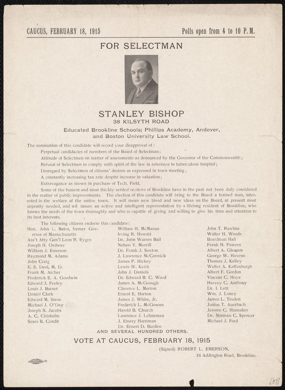 Election flyer for Stanley Bishop for selectman