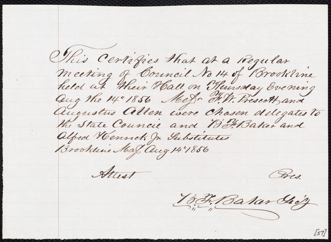 Certification of F. W. Prescott and Augustus Allen as delegates to state council