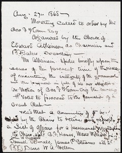 Minutes describing formation of Grant Club and election of officers, 8/27/1868