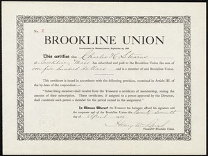 Certificate of Charles W. Stearns' membership in the Brookline Union