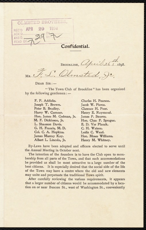 Letter inviting F. L. Olmsted to join the Town Club of Brookline