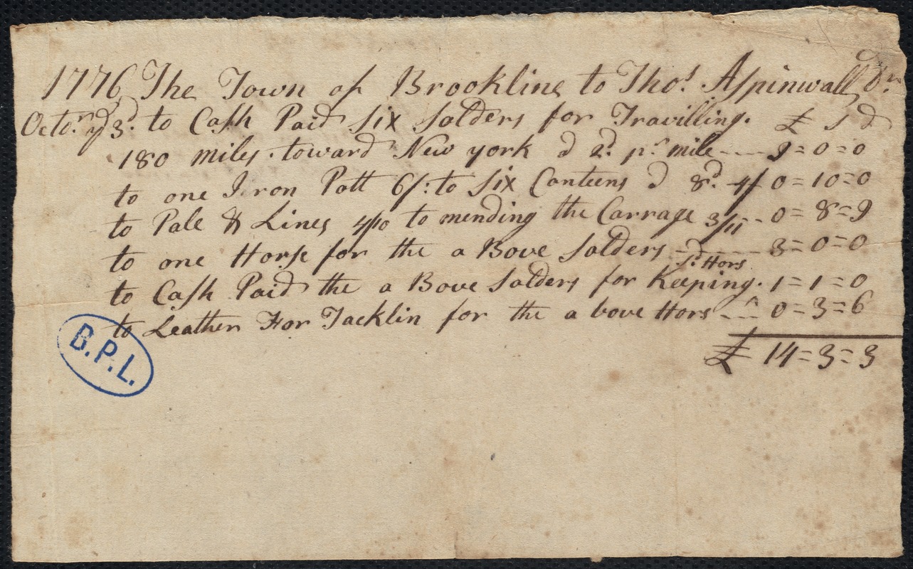 Receipt to Thomas Aspinwall for money paid for soldiers