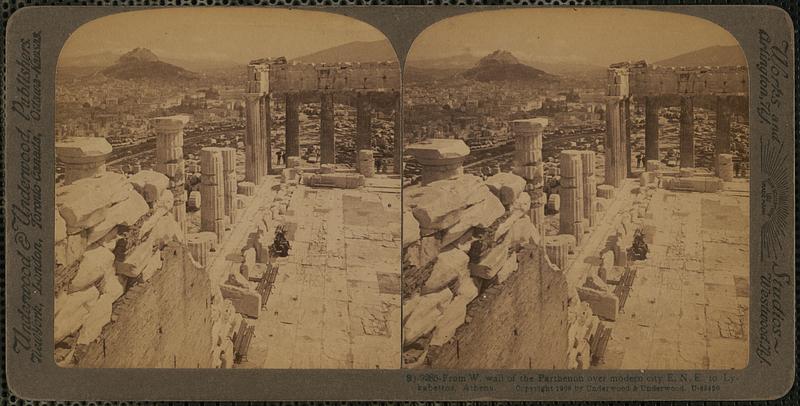 From W. wall of the Parthenon over modern city E.N.E. to Lykabettos, Athens