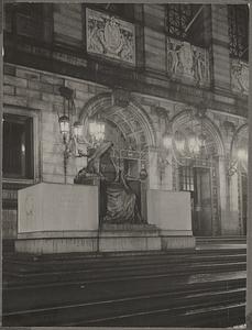 Boston, Massachusetts, entrance to the Boston Public Library, in Copley Square, showing the statue of Science, by Bela Pratt