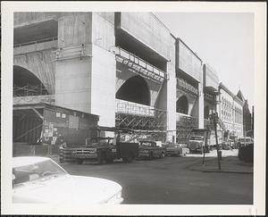 Construction of Boylston Building, Boston Public Library, looking down Blagden Street from Exeter Street