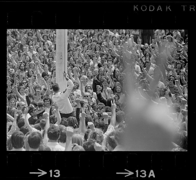 Kent State shootings demonstration Flag lowered to half mast, State