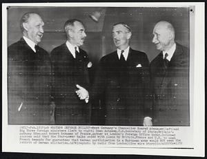 Plan Western Defense Buildup- West Germany's Chancellor Konrad Adenauer (left) and Big Three foreign ministers (left to right) Dean Acheson, U.S. Secretary of State; Britain's Anthony Eden; and Robert Schuman of France, gather at London's Foreign Office today. Informed sources said that the four-power talks ended with plans by Britain, France and U.S. to meet French demands for guarantees that German participation in a European army would NOT mean the rebirth of German militarism.