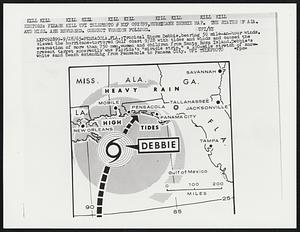 Tropical Storm Debbie,bearing 50 mile-an-hour winds, clawed the hurricane-tortured Gulf coast 9/28 with tides and winds and caused the evacuation of more than 750 men,women and children from Santa Rosa Island.Debbie’s present target apparently was Florida’s “miracle strip,” a 100-mile stretch of snow-white sand beach extending Pensacola to Panama City.