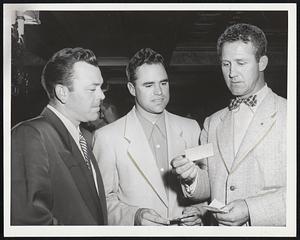 Red Sox Alumni now with the Chicago White Sox include, left to right, Vern Stephens, Tom Wright and Joe Dobson. The trio is shown at the Hotel Kenmore before leaving for Fenway Park and their game with the Hose this afternoon.