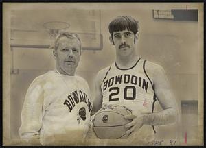 Bowdoin basketball coach Ray Bicknell with an unidentified player