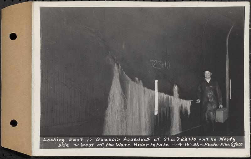 Contract No. 17, West Portion, Wachusett-Coldbrook Tunnel, Rutland, Oakham, Barre, looking east in Quabbin Aqueduct at Sta. 723+10 on the north side, west of the Ware River Intake, Barre, Mass., Apr. 16, 1936