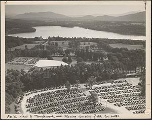 Aerial view of Tanglewood, and showing parking field for autos