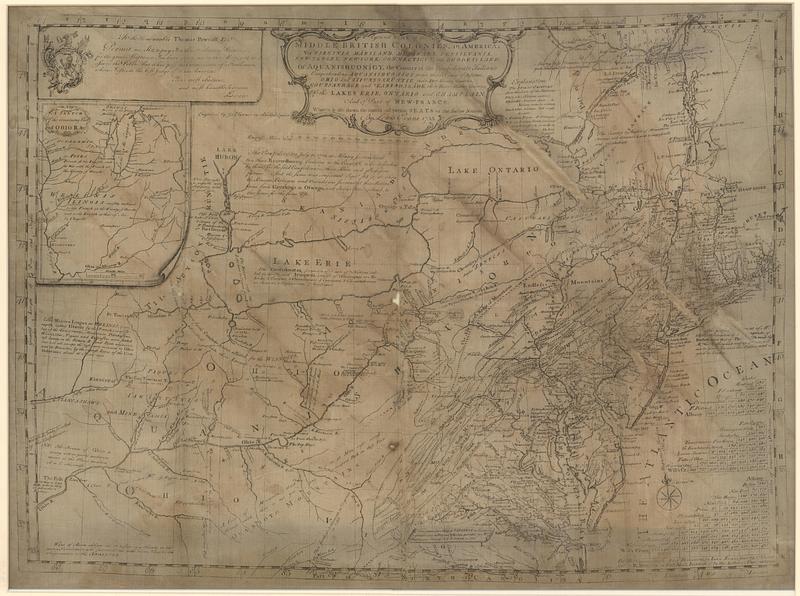 A general map of the Middle British Colonies, in America: viz Virginia, Mariland, Delaware, Pensilvania, New-Jersey, New-York, Connecticut, and Rhode-Island; of Aquanishuonigy, the country of the confederate Indians