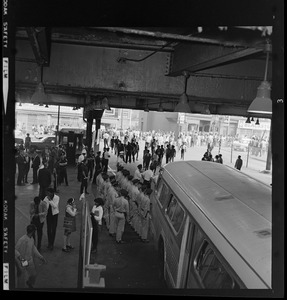 Police at bus station, possibly Dudley Square, on day of student demonstrations