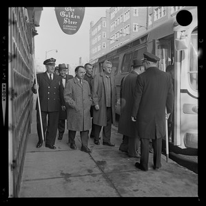 Members of Albert DeSalvo jury boarding a bus outside of The Golden Steer Restaurant