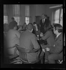 Moments before a closed-door session was held, Mayor Kevin White addresses nine representatives of Mothers for Adequate Welfare in fourth floor City Council library at City Hall Thursday
