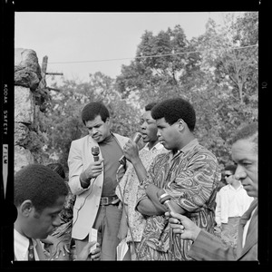 Men addressing the crowd gathered at Franklin Park