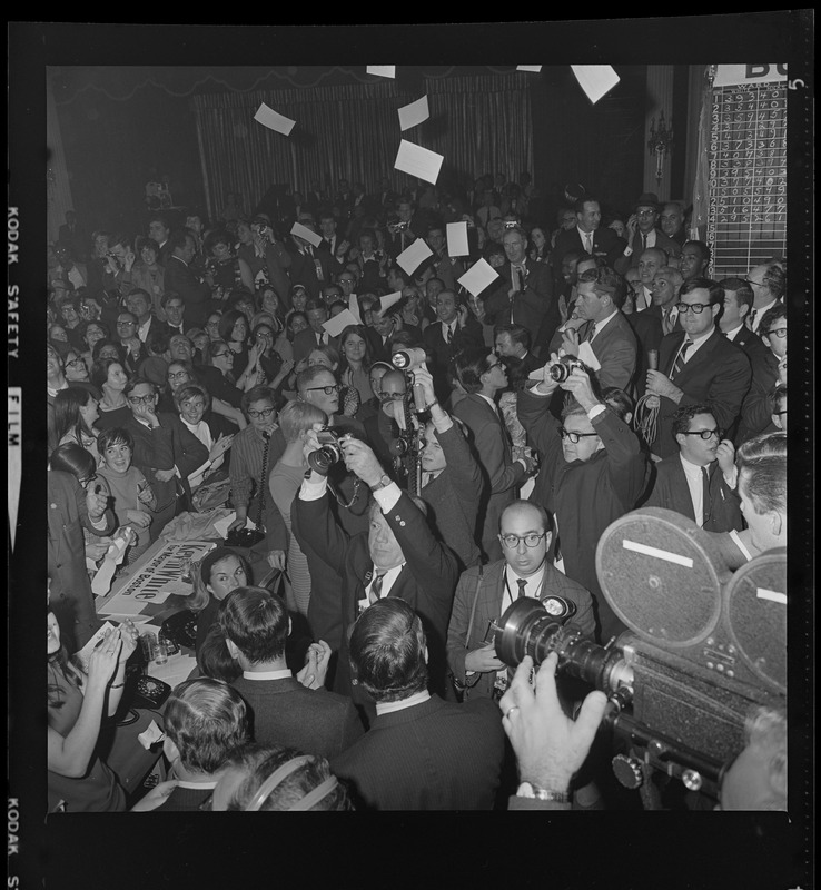 Cameramen capturing the crowd at Kevin White's campaign headquarters