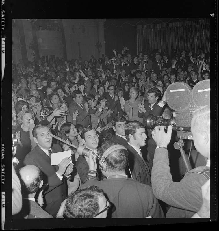 Cameramen capturing the crowd at Kevin White's campaign headquarters