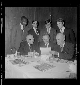 Seated, Ben G. Shapiro, Sec. Mass. Committee Catholics, Protestants and Jews, Mayor Kevin White and Richard H. O'Connell, Executive Vice President, Boston Red Sox. Standing Joseph Wilson, Jamaica Plain High School, Stuart Ostroff, Roslindale High School, Kevin M. Killarney, South Boston High School and Christopher Hewitt, St. Columbkille High School - Head table guest at the 17th Annual Junior Goodwill Dinner