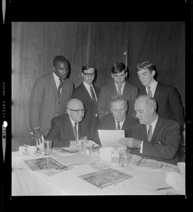 Seated, Ben G. Shapiro, Sec. Mass. Committee Catholics, Protestants and Jews, Mayor Kevin White, and Richard H. O'Connell, Executive Vice President, Boston Red Sox. Standing Joseph Wilson, Jamaica Plan High School, Stuart Ostroff, Roslindale High School