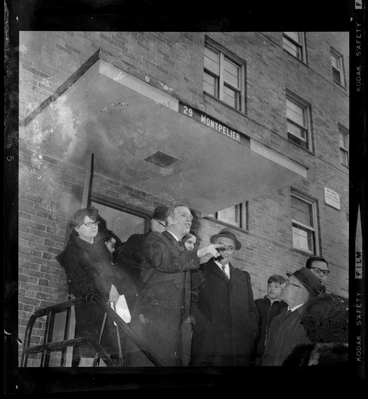 Mayor Kevin White exiting 29 Montpelier in the Columbia Point Housing ...