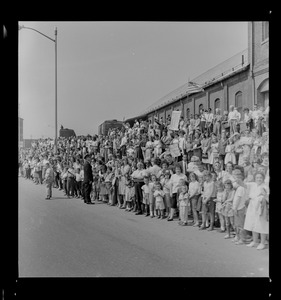 Crowd gathered waiting for President Johnson