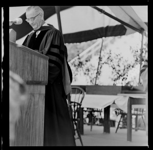President Johnson delivering commencement speech at Holy Cross College