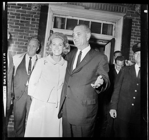 Joan Kennedy walks with President Johnson after they had paid a visit to her ailing husband Senator "Ted" Kennedy at N.E. Baptist Hospital