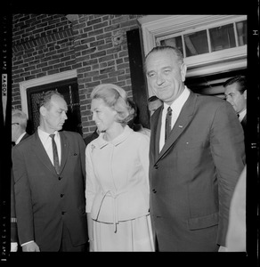 President Johnson, Joan Kennedy, and another man outside of N.E. Baptist Hospital after meeting with Sen. Ted Kennedy
