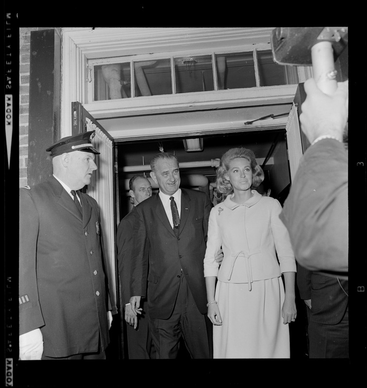 Joan Kennedy walks with President Johnson after they had paid a visit to her ailing husband Senator "Ted" Kennedy at N.E. Baptist Hospital